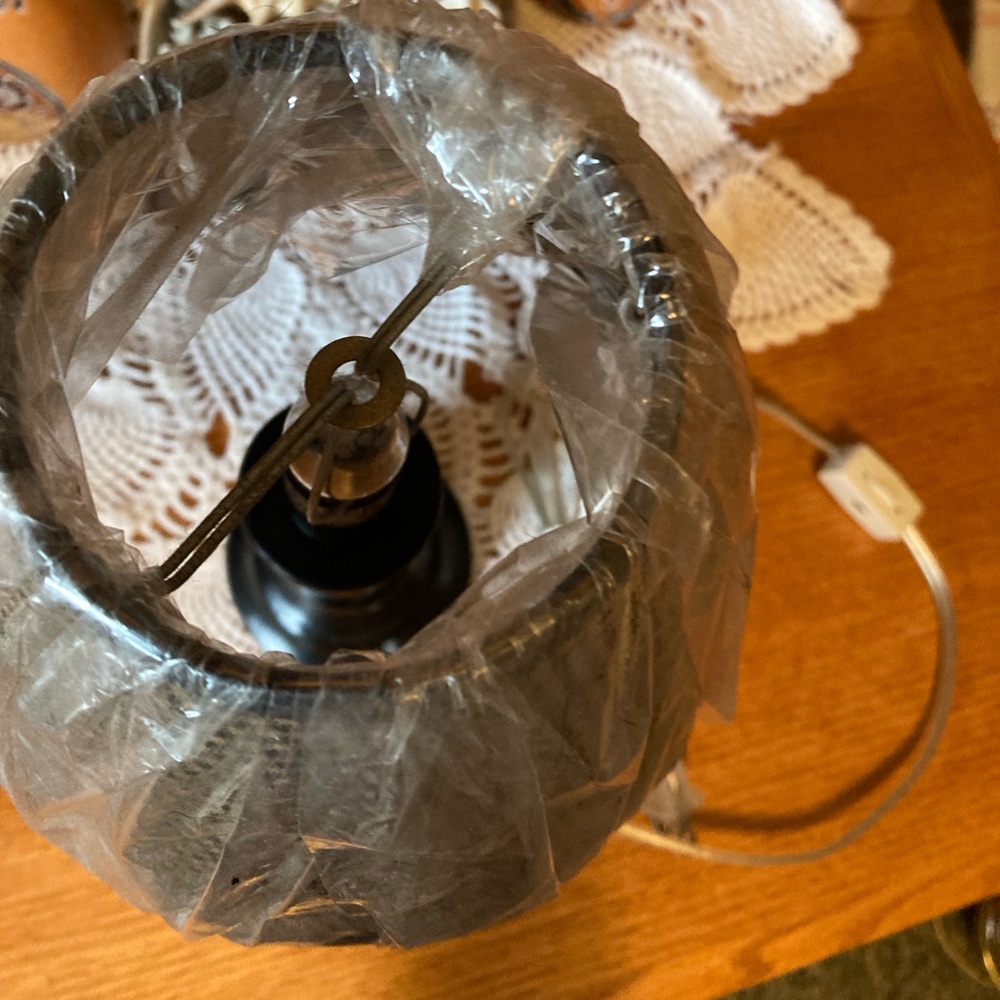 Lamp, w/Checkered Shade, Brown, 11.5” Tall (bulb not included), dark brown base - Picture 4 of 16